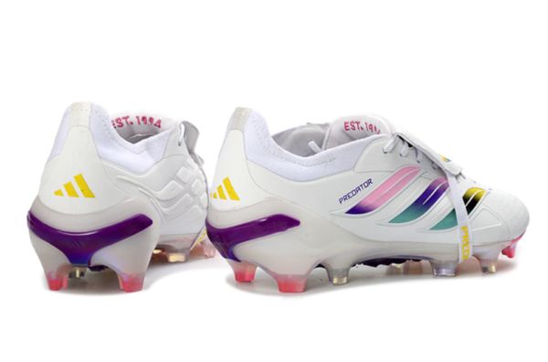 Adidas Predator 26 Elite Fold-Over Tongue " white, iridescent pink, and iridescent blue colorway".