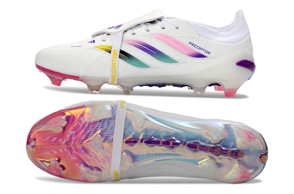 Adidas Predator 26 Elite Fold-Over Tongue " white, iridescent pink, and iridescent blue colorway".