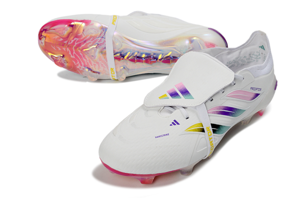 Adidas Predator 26 Elite Fold-Over Tongue " white, iridescent pink, and iridescent blue colorway".