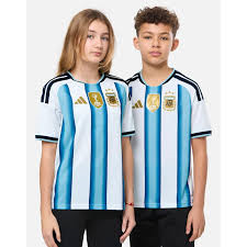 pic Argentina 3-Star Home Jersey tailored in youth and kids' sizes. This classic kit features the iconic light blue and white stripes accented with gold branding, the official AFA crest, and three stars celebrating their historic World Cup victories.