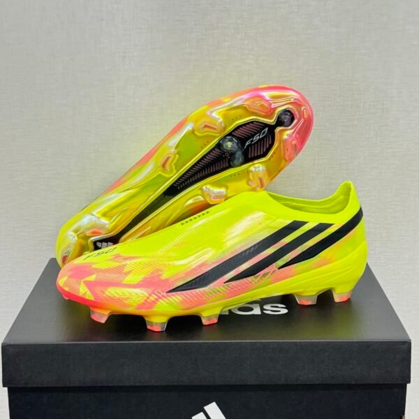 141 Adidas F50 Hyperfast Elite Laceless "Too Light" Pack. Team Solar Yellow, Core Black, and Solar Turbo (pink/orange) colorway.
