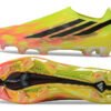 142 Adidas F50 Hyperfast Elite Laceless "Too Light" Pack. Team Solar Yellow, Core Black, and Solar Turbo (pink/orange) colorway.