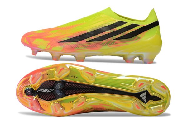 142 Adidas F50 Hyperfast Elite Laceless "Too Light" Pack. Team Solar Yellow, Core Black, and Solar Turbo (pink/orange) colorway.