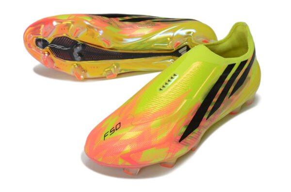 143 Adidas F50 Hyperfast Elite Laceless "Too Light" Pack. Team Solar Yellow, Core Black, and Solar Turbo (pink/orange) colorway.