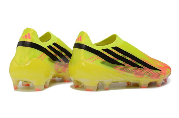144 Adidas F50 Hyperfast Elite Laceless "Too Light" Pack. Team Solar Yellow, Core Black, and Solar Turbo (pink/orange) colorway.
