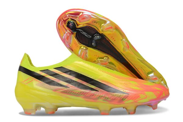 145 Adidas F50 Hyperfast Elite Laceless "Too Light" Pack. Team Solar Yellow, Core Black, and Solar Turbo (pink/orange) colorway.